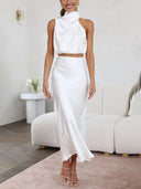Elegant Such A Vibe High Neck Satin Drape Maxi Skirt Set