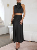 Elegant Such A Vibe High Neck Satin Drape Maxi Skirt Set
