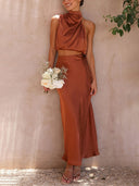 Elegant Such A Vibe High Neck Satin Drape Maxi Skirt Set