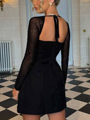 Flash Mesh Long Sleeve Back Lace-Up Mini Dress