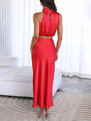 Elegant Such A Vibe High Neck Satin Drape Maxi Skirt Set