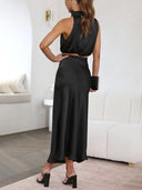 Elegant Such A Vibe High Neck Satin Drape Maxi Skirt Set