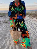Classic Unique Sun Animal Print Casual Long-Sleeved Shirt Wide-Leg Pants Set