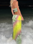 Mesh Printed Halterneck Camisole Slit Skirt Suit