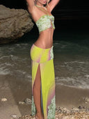 Mesh Printed Halterneck Camisole Slit Skirt Suit