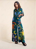 Unique Print Elastic Waist Pocketed Wide Leg Pants Set