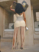 Mesh Pleated Hip-Wrap Tassel Maxi Dress