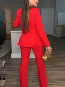 Unique Single Button Lapel Blazer and Elastic Waist Pocketed Straight Suit Pants Set