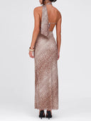 Sloping Shoulder Halterneck Long Ribbon Leopard Backless Dress