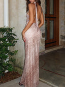 Sloping Shoulder Halterneck Long Ribbon Leopard Backless Dress