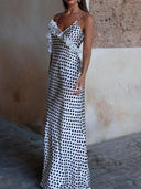 Fantasy Polka Dot Print Guipure Ruffled Suspender Maxi  Dress