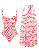 Sweet Heart Print Bowknot One-Piece Swimsuit Set