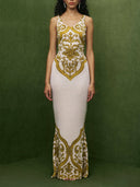 Extraordinary Elegance Symmetrical Unique Print Stretch Fishtail Maxi Dress
