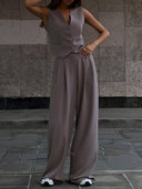 V-neck Vest Wide-leg Trousers Casual Two-piece Suit