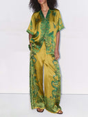 Exquisite Satin Unique Floral Print Wide Leg Pants