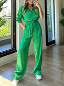 Leopard Print Loose Shirt Wide Leg Pants Casual Suit