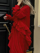 V-neck Ruffled Long-sleeve Dress