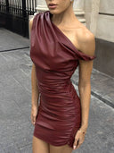 Imitation Leather Skew Shoulder Kink Fold Mini Dress