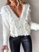Floral Pattern Beaded Fuzzy Knit Cardigan Sweaters