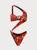 Sexy Metal Button Decorated Printed One-Piece Swimsuit