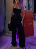 Denim Sequined Tube Top Wide-leg Pants Suit