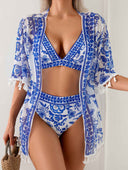 Blue And White Porcelain Print Cover-up Swimsuit Three-Piece Set