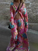Satin Unique Casual Floral Print Elastic Waistband Pocket Wide Leg Pants