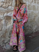 Satin Unique Casual Floral Print Elastic Waistband Pocket Wide Leg Pants