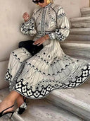 Vintage Casual Lantern Sleeve Floral Print Midi Dress