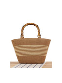 Bamboo Handle Striped Contrast Color Straw Handbag
