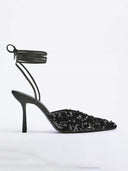 Sequined Slingback Pointed Toe Lace-up High Heels