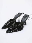 Sequined Slingback Pointed Toe Lace-up High Heels