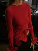 Ruffled Round Neck Trumpet Long Sleeve T-shirt