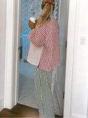 Unique Color-Block Stripe Print Pajama Set