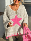 Winter Day Warm Texture Star Pattern Contrast Color Loose Sweater