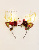 Burgundy Flower Christmas Reindeer Headband