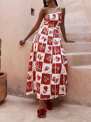 Floral Trim Unique Printed One Shoulder Flared Maxi Dress