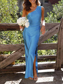 Temperament Slim Fit One Shoulder Split Satin Dress
