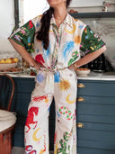 Unique Print Short Sleeve Loose Shirt And Elastic Waist Pants Set