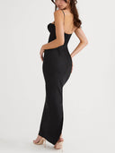 Pile Collar Satin Pleated Suspender Maxi Skirt