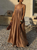 Elegant Satin Square Neckline Flowing Pleated Halter Dress