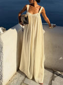 Elegant Satin Square Neckline Flowing Pleated Halter Dress