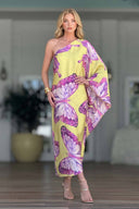 Butterfly-Printed Slant-Neck Dress