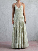Elegant Floral Jacquard V-Neck Tiered Ruffle Maxi Dress