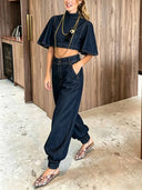 Modern Denim Cape Top & High-Waist Tapered Pants Two-Piece Set