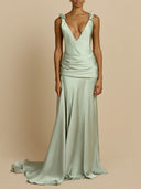 Elegant Satin Deep V-Neck Ruched Flowing Maxi Dress