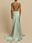 Elegant Satin Deep V-Neck Ruched Flowing Maxi Dress