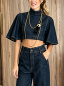 Modern Denim Cape Top & High-Waist Tapered Pants Two-Piece Set