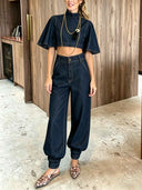 Modern Denim Cape Top & High-Waist Tapered Pants Two-Piece Set