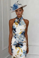 High-Neck Printed Midi Dress